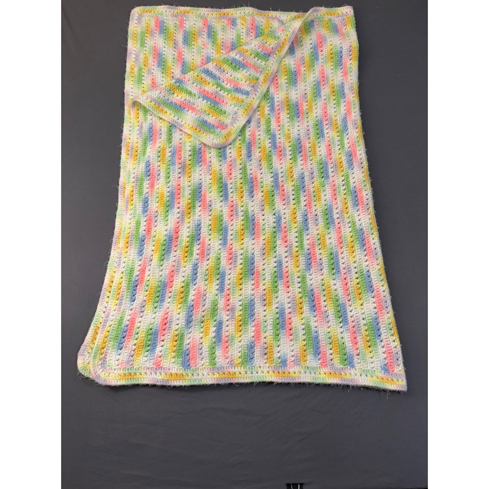Handmade Crochet Baby Blanket Pastel Rainbow Stripe Multi Color Afghan 26x42
